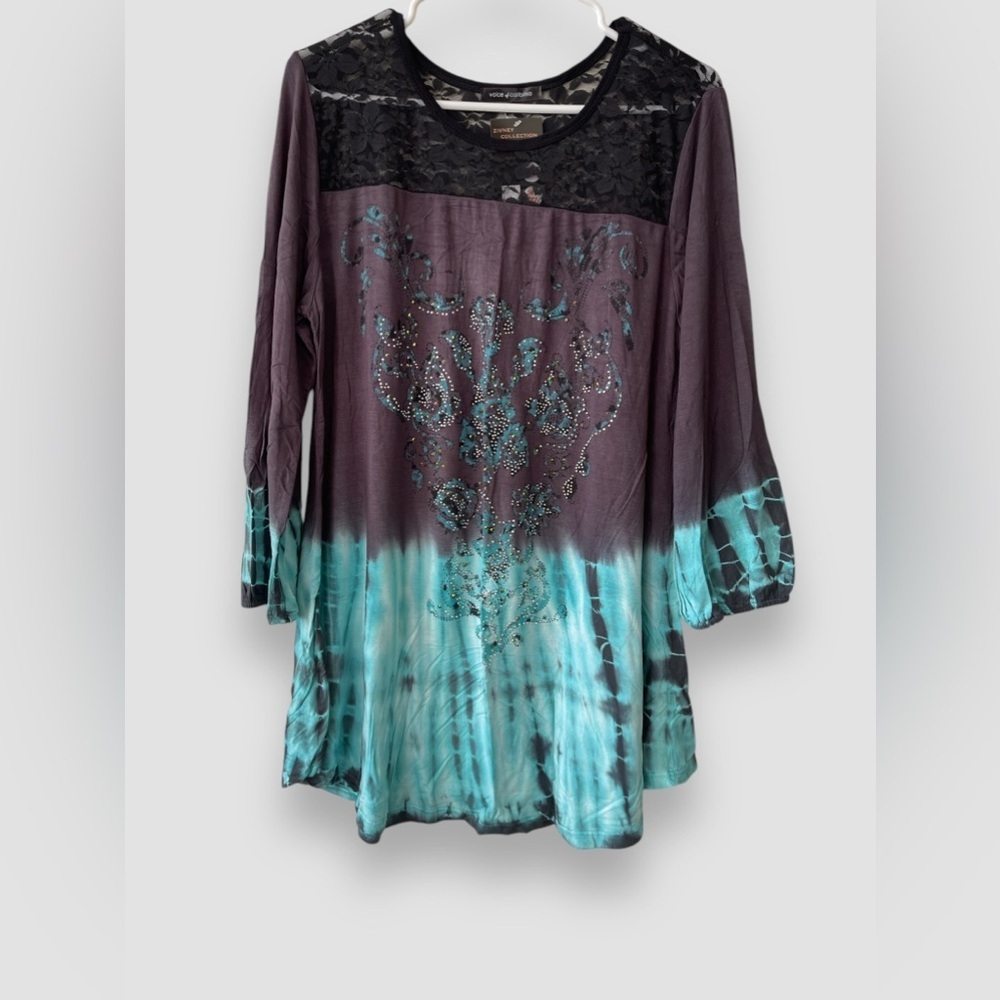 VOCAL Voice Of California Lace Contrast Beaded Tunic Sz 1XL 3/4 Sleeves Gray NWT